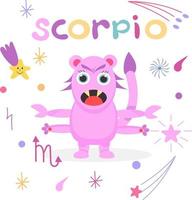 Cute cartoon zodiac monster Scorpio. Against the background of cosmic attributes, stars, shooting star, zodiac sign. Great print for kids clothes. Postcard for congratulations. vector