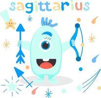 Cute cartoon zodiac monster Sagittarius. Against the background of cosmic attributes, stars, shooting star, zodiac sign. Great print for kids clothes. Postcard for congratulations. vector