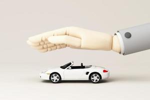 Car automobile insurance and collision damage waiver concept surrounding by white sport car model and covered wooden cartoon hand on car. isolated on white pastel background. realistic 3d render photo
