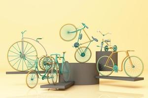 muchas bicicletas en plataforma con fondo amarillo. bicicleta retra representación 3d foto