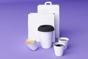 Set of black coffee cups and bag on pastel background. 3d rendering photo