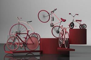 Many bicycle on platform with yellow background. Retro bike. 3d rendering photo