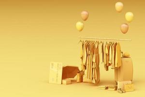 Clothes on a hanger surrounding by bag and market prop with credit card on the floor. 3d rendering photo