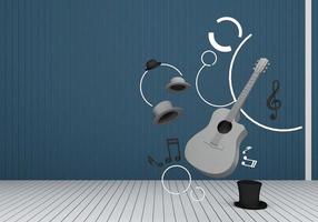 guitar and black hat with music keys on a yellow floor and background 3D Render.