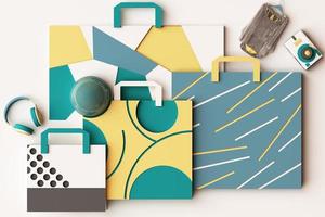 Design with composition of shopping bag by geometric memphis style shapes in pastel tone. 3d rendering illustration photo