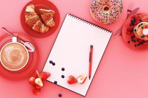 Pancake with blueberry and strawberry in the plate on pink pastel background. 3d render photo