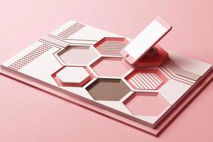 Smartphone with technology concept, Abstract composition of geometric shapes platforms in orange and pastel color. 3d rendering photo