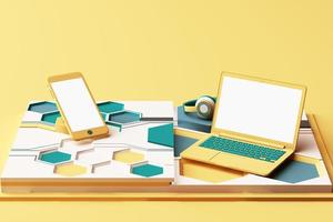 Laptop,smartphone and headphone with technology concept abstract composition of geometric shapes platforms in pastel color. 3d rendering photo