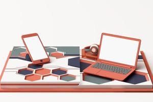 portátil, smartphone y auriculares con concepto de tecnología composición abstracta de plataformas de formas geométricas en color pastel. representación 3d