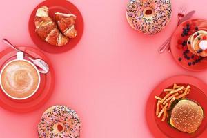 hamburger with french fries in the plate and clipboard on pink background. 3d render photo