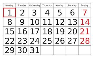 Monthly calendar table vector