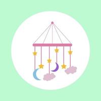 Vector illustration of a baby mobile in the crib with a month, stars and clouds pink. mobile on a green background