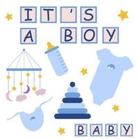 Set of vector illustrations it's a baby boy. Illustrations in gentle blue tones.