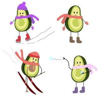 Set of vector illustrations character avocado girl and winter active games. Ice skating, skiing, snowball fights.