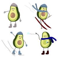 Set of vector illustrations character avocado guy and winter active games. Ice skating, skiing, snowball fights.