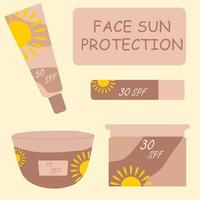 Set of vector illustrations with sunscreen. Sunscreen. Sun protection for the face.