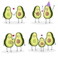 A set of vector illustrations with cute avocados in the process of creating a family.