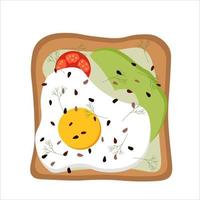 tomato and avocado toast with egg and microgreens for breakfast. vector flat illustration