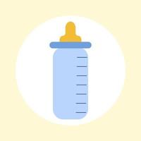 Vector illustration of a baby bottle in blue color for a baby boy. On a yellow background