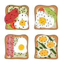 Set of vector toasts and sandwiches. Slices of bread with egg, avocado, fish, cucumber, tomatoes.