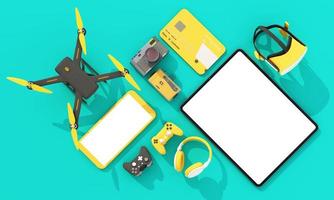 online shopping concept about electronics and gadgets in modern promotion period of new models consist of phone, vr, headphone, with drone and credit card on green background. realistic 3d rendering photo