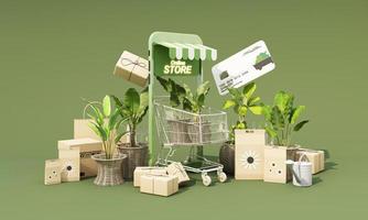 herramientas de jardinería y plantas con pantalla de teléfono y carrito de compras con tarjeta de crédito con paquete de semillas, caja de cartón, bolsa de compras. tienda de jardinería en línea sobre fondo verde. ilustración realista de renderizado 3d foto