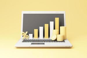 Big percent symbol and bar chart on laptop and digital money in the concept of financial stability and growth and an empty space for entering text on a yellow background realistic 3d render photo