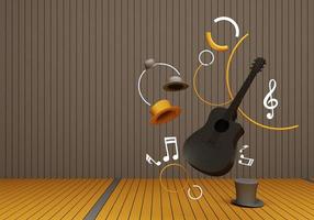 guitarra y sombrero negro con teclas de música en un piso amarillo y renderizado 3d de fondo. foto