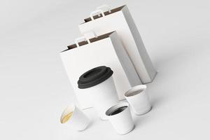 Set of black coffee cups and bag on pastel background. 3d rendering photo