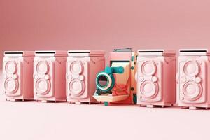 Colorful vintage camera surrounding by memphis pattern on a pastel background. 3d render. photo