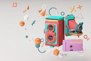 Colorful vintage camera surrounding by memphis pattern on a pastel background. 3d render. photo