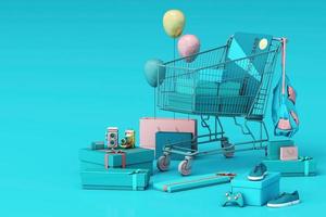 Supermarket shopping cart surrounding by giftbox with credit card on pastel background. 3d rendering photo