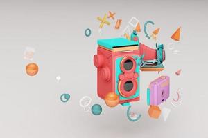 Colorful vintage camera surrounding by memphis pattern on a pastel background. 3d render. photo