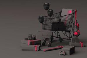 Supermarket shopping cart surrounding by giftbox with credit card on pastel background. 3d rendering photo