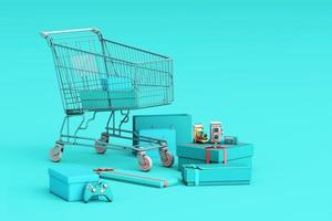 Supermarket shopping cart surrounding by giftbox with credit card on pastel background. 3d rendering photo