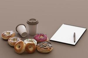 Colorful donut and milk cup with pastel background. 3d rendering photo
