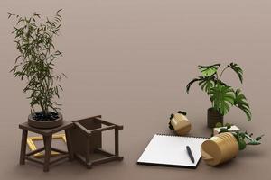 A4 flipped paper with black clipboard, potted plant, cactus, frame and pen on pastel background. 3d rendering photo