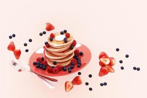 Pancake with blueberry and strawberry in the plate on pink pastel background. 3d render photo