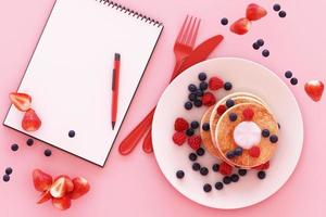 Pancake with blueberry and strawberry in the plate on pink pastel background. 3d render photo
