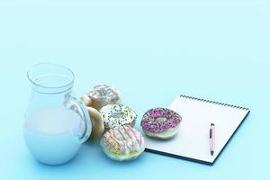 donut colorido y taza de leche con fondo pastel. representación 3d foto