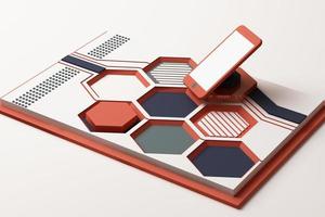 Smartphone with technology concept, Abstract composition of geometric shapes platforms in orange and pastel color. 3d rendering photo