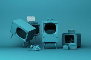 Old televisions and vintage radio player on a pastel background. 3D rendering photo