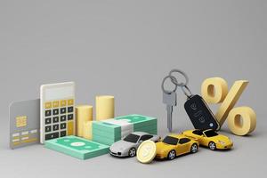 Dealer giving keys chain to a buyer. car rental or sale and car insurance or savings to buy a car concept with money cash and calculator and money coins on pastel background 3d rendering photo