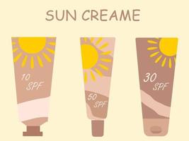 Set of vector illustrations with sunscreens with different spf protection