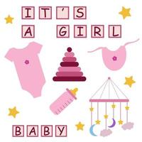 A set of vector illustrations is a baby girl. Illustrations in gentle pink tones.