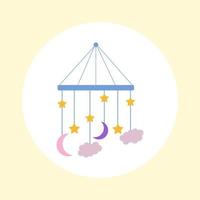 Vector illustration of a baby mobile in the crib with a month, stars and clouds. Blue mobile on a yellow background. Boy's mobile