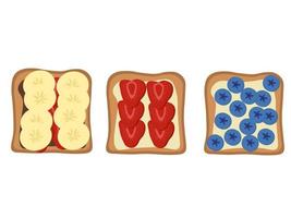 set Toast with chocolate, banana, blueberry, strawberry and kiwi. Healthy snack breakfast with berries and fruits. vector