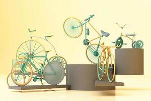 Many bicycle on platform with yellow background. Retro bike. 3d rendering photo