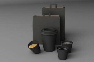 juego de tazas de café negro y bolsa sobre fondo pastel. representación 3d foto