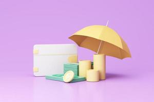 Concept of money protection, financial savings insurance. Secure investment, surrounding by gold coin and cash, wallet, umbrella, isolated on purple pastel background realistic 3d render. photo